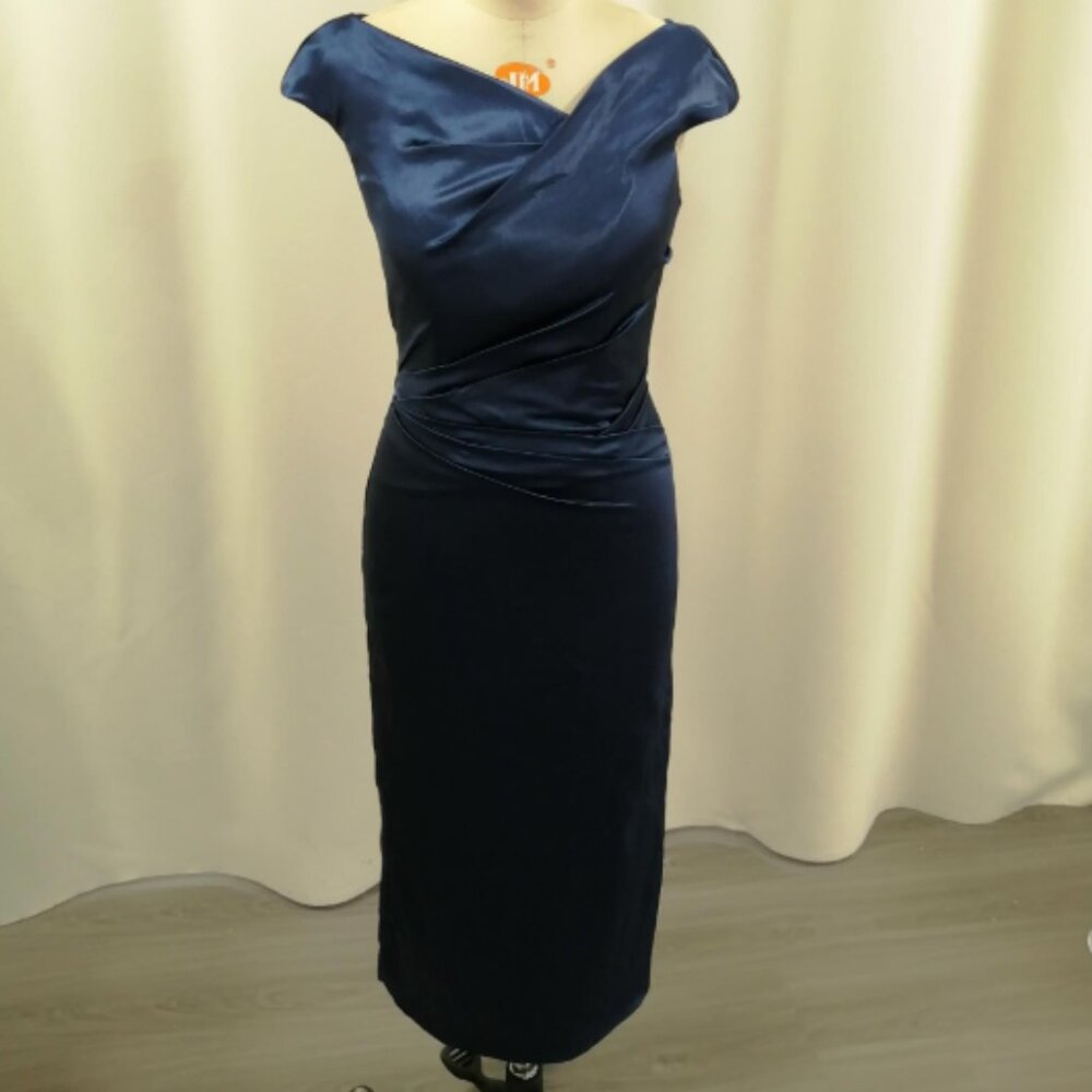 SHEATH COWL NECK SHORT SLEEVE TEA-LENGTH SATIN MOTHER OF BRIDE DRESS
